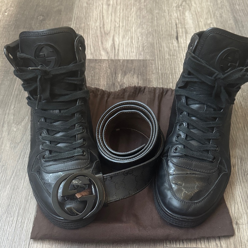 Gucci Black Leather High-Top Sneakers & Matching Belt.